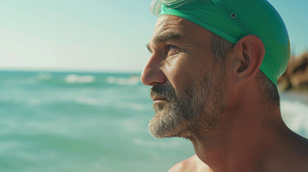 Pensive Mature Man in Swimming Cap by the Oceanの素材