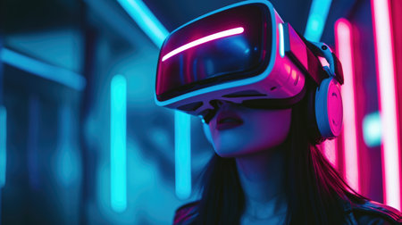 Enigmatic Woman with VR Headset Illuminated by Neon Lightsの素材