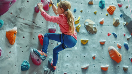 Focused Child Engaged in Indoor Rock Climbingの素材