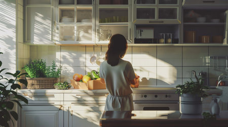 Serene Morning in Modern Kitchen with Sunlight and Fresh Fruitの素材