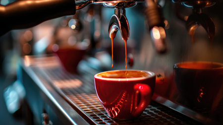 Art of Espresso Making in a Vibrant Red Cupの素材