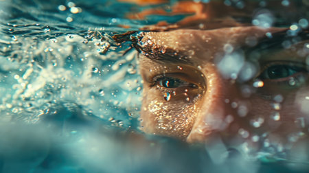 Intense Gaze of a Swimmer Underwater with Glistening Water Detailsの素材