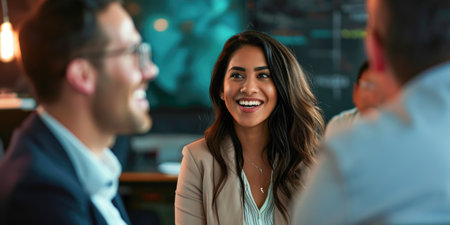 Radiant Young Professional Engaging in Conversation at a Networking Eventの素材