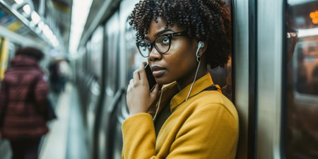 Pensive Young Woman in Yellow Contemplating on Subway Rideの素材