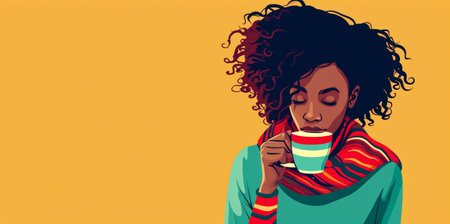 Artistic Illustration of a Woman Enjoying a Warm Beverage, Wrapped in a Cozy Scarfの素材