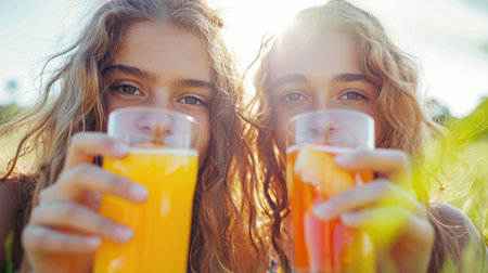 Youthful Joy: Twin Sisters Sharing Orange Juice on a Sunny Dayの素材