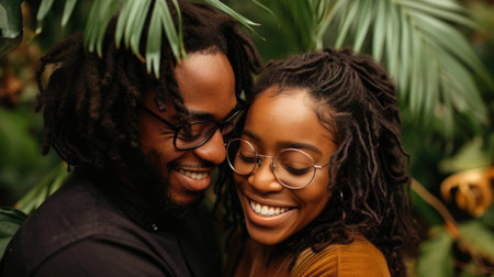 Intimate Moment: Loving Couple Embracing Amongst Greeneryの素材