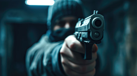 Man Aiming a Gun with Focus on the Barrelの素材