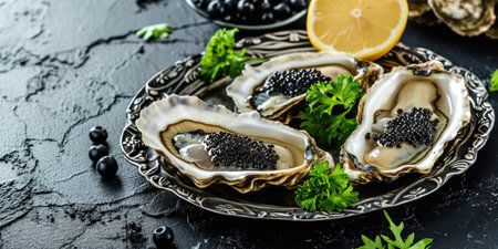 Elegant Plate of Fresh Oysters with Black Caviar on a Dark Slate Backgroundの素材