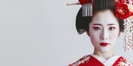 Elegant Geisha with Red Umbrella, Traditional Japanese Cultural Fashionの素材
