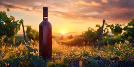 Sunset Vineyard with Wine Bottle and Grapesの素材