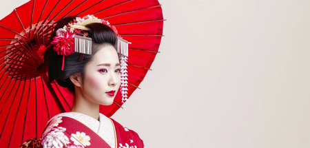 Elegant Geisha with Red Umbrella, Traditional Japanese Cultural Fashionの素材