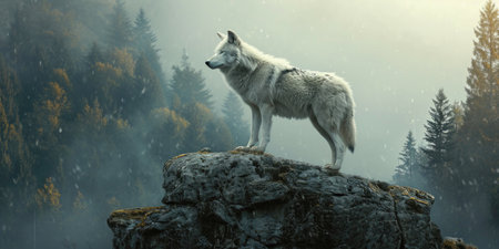 Lone Wolf on a Misty Cliff Overlooking a Forestの素材