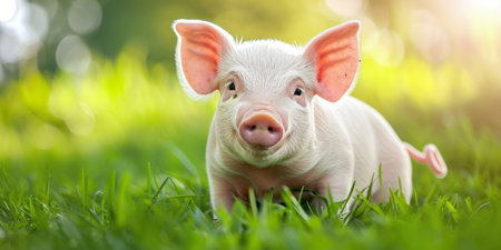 Adorable Piglet Frolicking in the Grass on a Sunny Dayの素材