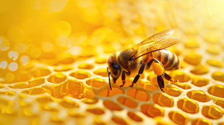 Close-up of Honeybee on Honeycombの素材