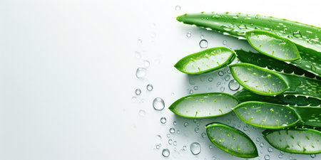 Fresh Aloe Vera Slices with Water Drops on Reflective Surfaceの素材