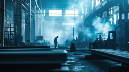 Industrial Silhouette: Worker Amidst the Steam and Machineryの素材