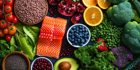 Assortment of Healthy Foods on a Dark Slate Surfaceの素材
