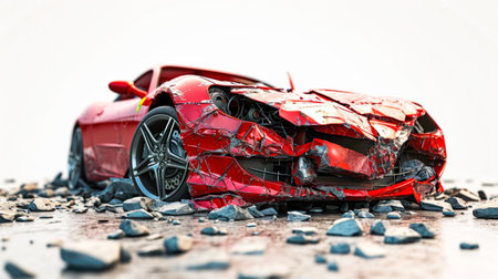 Damaged Red Sports Car After a Collision on a White Backgroundの素材