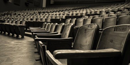 Empty Vintage Wooden Auditorium Seats in Dim Lightingの素材