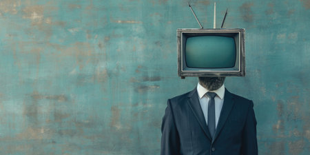 Conceptual Portrait of a Man with a Vintage Television Set for a Headの素材
