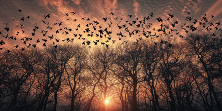 Twilight Flight: Birds Soaring at Sunsetの素材