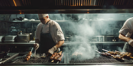 Chefs Cooking on a Commercial Kitchen Grillの素材