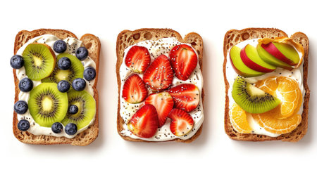 Assorted Fruit Toppings on Toast with Cream Cheese Set on a White Backgroundの素材