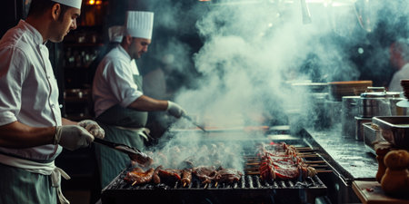 Chefs Cooking on a Commercial Kitchen Grillの素材