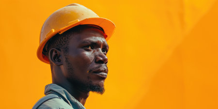 Side Profile of a Construction Worker Against Orange Backgroundの素材