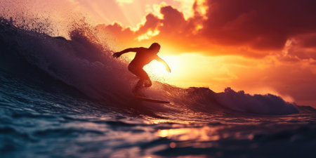 Golden Hour Surfing - A Surfer Carving a Wave at Sunsetの素材