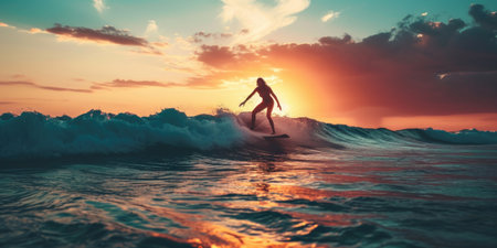 Ocean Serenity - Surfer Catching a Wave at Sunsetの素材