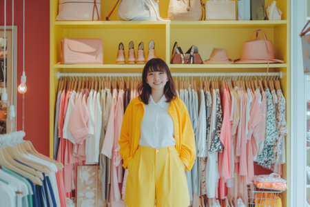 Chic Boutique: Joyful Woman in Vibrant Yellow Outfit with Color-Coordinated Fashion Selectionの素材