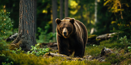 Intimidating Grizzly Bear Staring on a Lush Forest Pathの素材