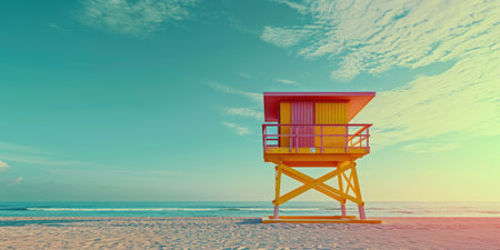 Sunset Glow on a Colorful Beach Lifeguard Towerの素材