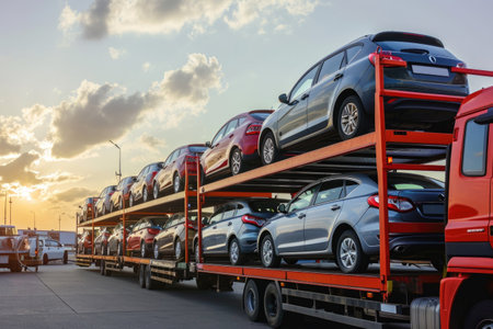 Car Transporter Carrying Vehicles at Sunsetの素材