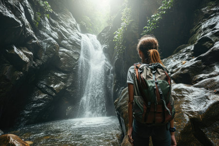 Adventurous Woman by a Tropical Waterfallの素材