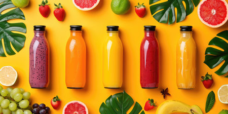 Bright Bottles of Assorted Fruit Smoothies with Fresh Ingredients on Yellowの素材