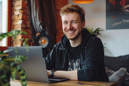 Smiling Young Man with Red Hair Working on Laptop in a Cozy Cafe Settingの素材