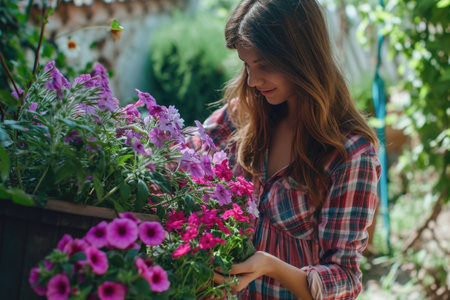 Woman Gardening, Tending to Purple and Pink Flowers in a Lush Gardenの素材