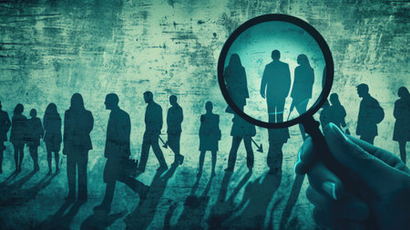 Analyzing Society: Magnifying Glass Focused on Individuals in a Crowd Conceptの素材