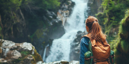 Female Adventurer Gazing at a Majestic Waterfall in a Lush Forestの素材