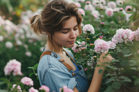 Smiling Young Woman Enjoying the Scent of Pink Flowers in a Lush Gardenの素材