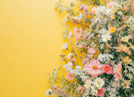 Vibrant Summer Flower Assortment on Bright Yellow Backgroundの素材