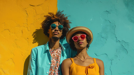 Fashionable Couple in Retro Sunglasses Posing Against a Sunlit Colorful Urban Wallの素材