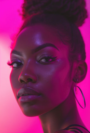 Close-Up of Black Woman with Updo Hairstyle Bathed in Pink Neon Lightの素材