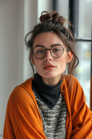Contemporary Portrait of a Stylish Woman in Glasses and Mustard Cardiganの素材