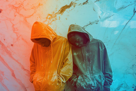 Two Friends in Hooded Sweatshirts under Colored Lightの素材