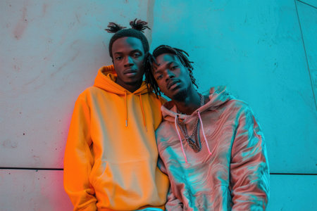 Two Men in Hoodies Sharing a Moment in Neon Lightの素材