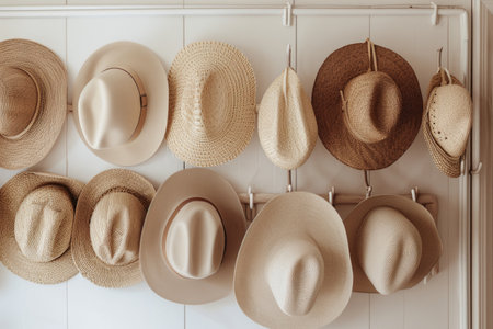 Assortment of Stylish Straw and Fabric Hats on Displayの素材